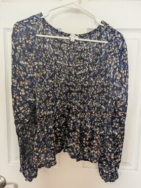 True Craft Navy Floral Smocked Peasant Blouse
